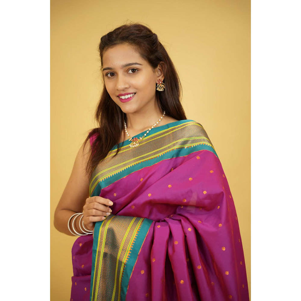Isadora Life Womens Woven Zari Purple Pre-Draped Saree With Unstitched Blouse