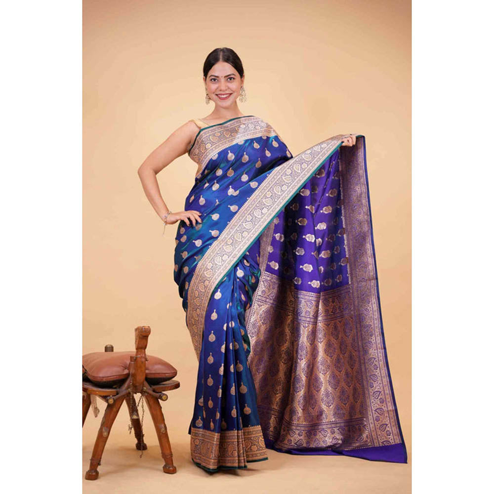 Isadora Life Womens Woven Zari Blue Pre-Draped Saree With Unstitched Blouse