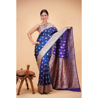 Isadora Life Womens Woven Zari Blue Pre-Draped Saree With Unstitched Blouse