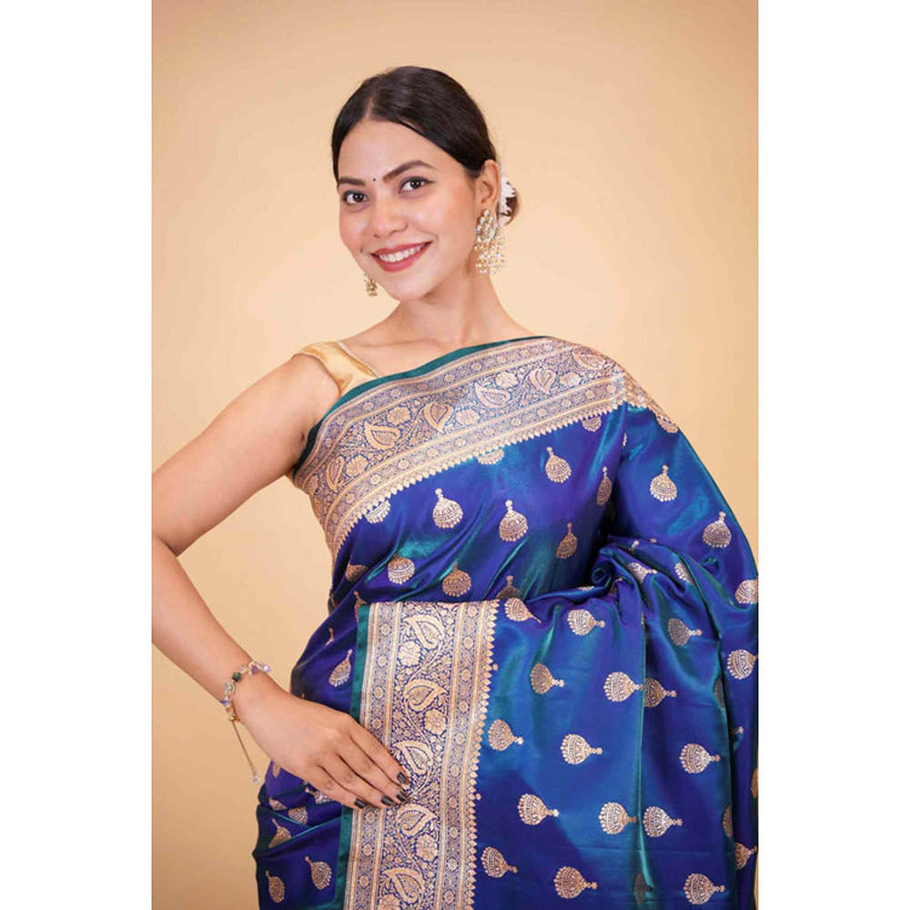 Isadora Life Womens Woven Zari Blue Pre-Draped Saree With Unstitched Blouse