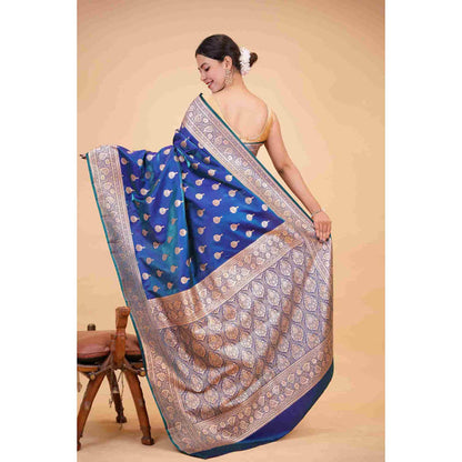 Isadora Life Womens Woven Zari Blue Pre-Draped Saree With Unstitched Blouse