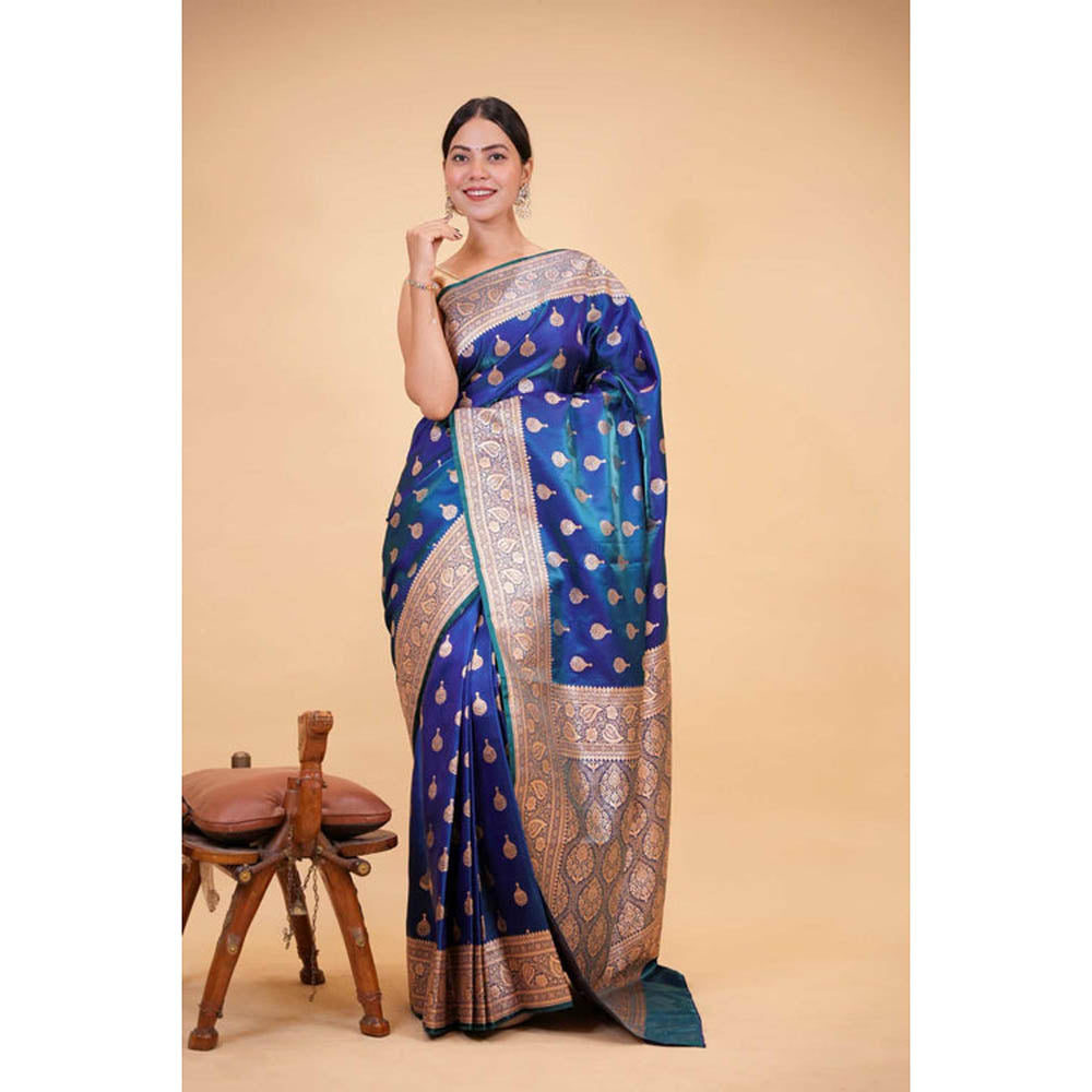 Isadora Life Womens Woven Zari Blue Pre-Draped Saree With Unstitched Blouse