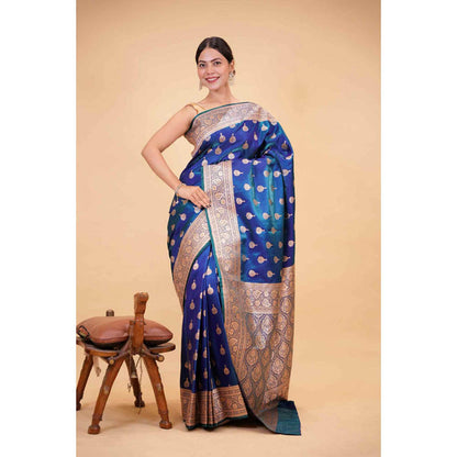 Isadora Life Womens Woven Zari Blue Pre-Draped Saree With Unstitched Blouse