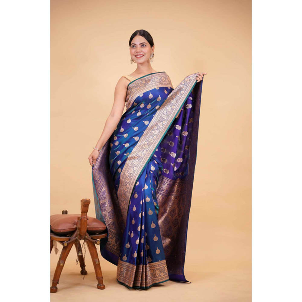 Isadora Life Womens Woven Zari Blue Pre-Draped Saree With Unstitched Blouse