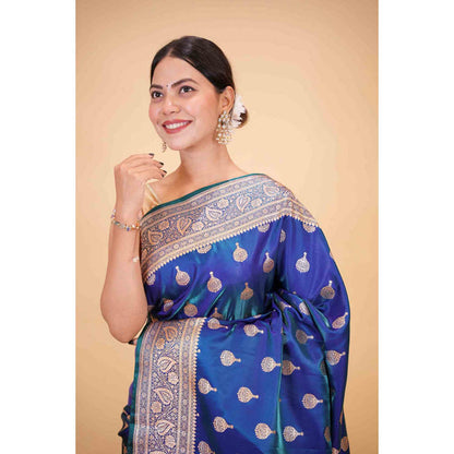 Isadora Life Womens Woven Zari Blue Pre-Draped Saree With Unstitched Blouse