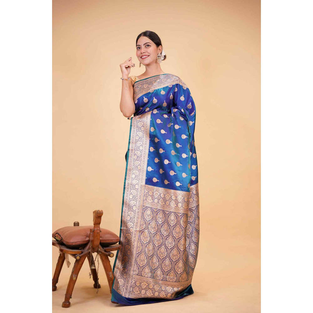 Isadora Life Womens Woven Zari Blue Pre-Draped Saree With Unstitched Blouse