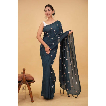 Isadora Life Womens Embroidered Tassels Teal Pre-Draped Saree With Unstitched Blouse