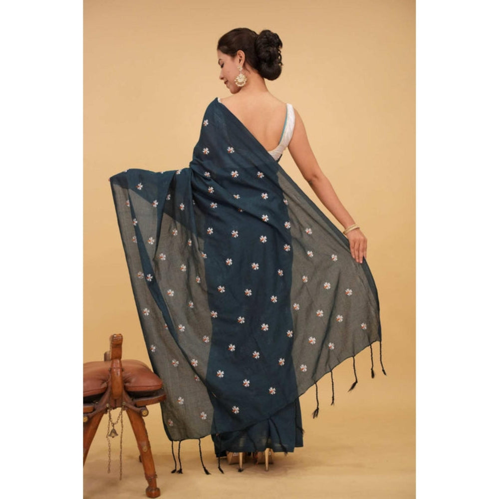 Isadora Life Womens Embroidered Tassels Teal Pre-Draped Saree With Unstitched Blouse