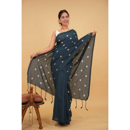 Isadora Life Womens Embroidered Tassels Teal Pre-Draped Saree With Unstitched Blouse