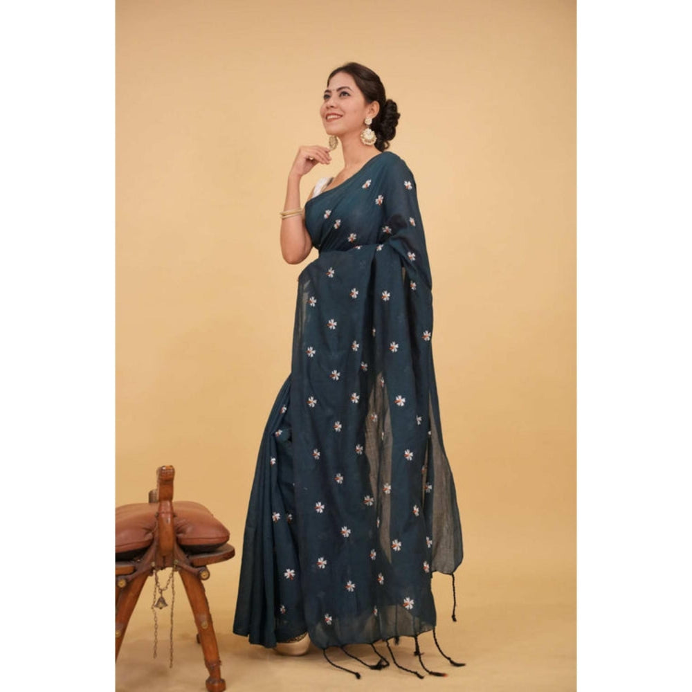 Isadora Life Womens Embroidered Tassels Teal Pre-Draped Saree With Unstitched Blouse