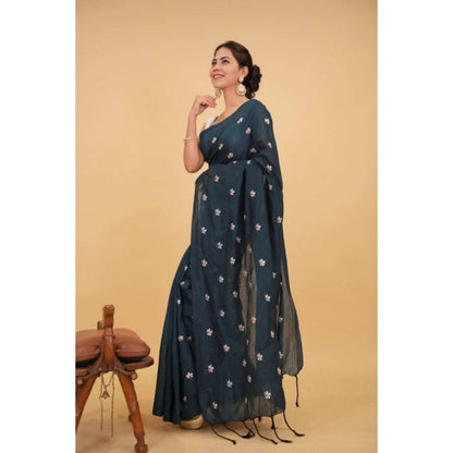 Isadora Life Womens Embroidered Tassels Teal Pre-Draped Saree With Unstitched Blouse