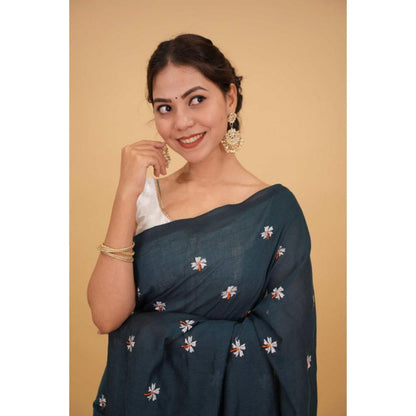 Isadora Life Womens Embroidered Tassels Teal Pre-Draped Saree With Unstitched Blouse