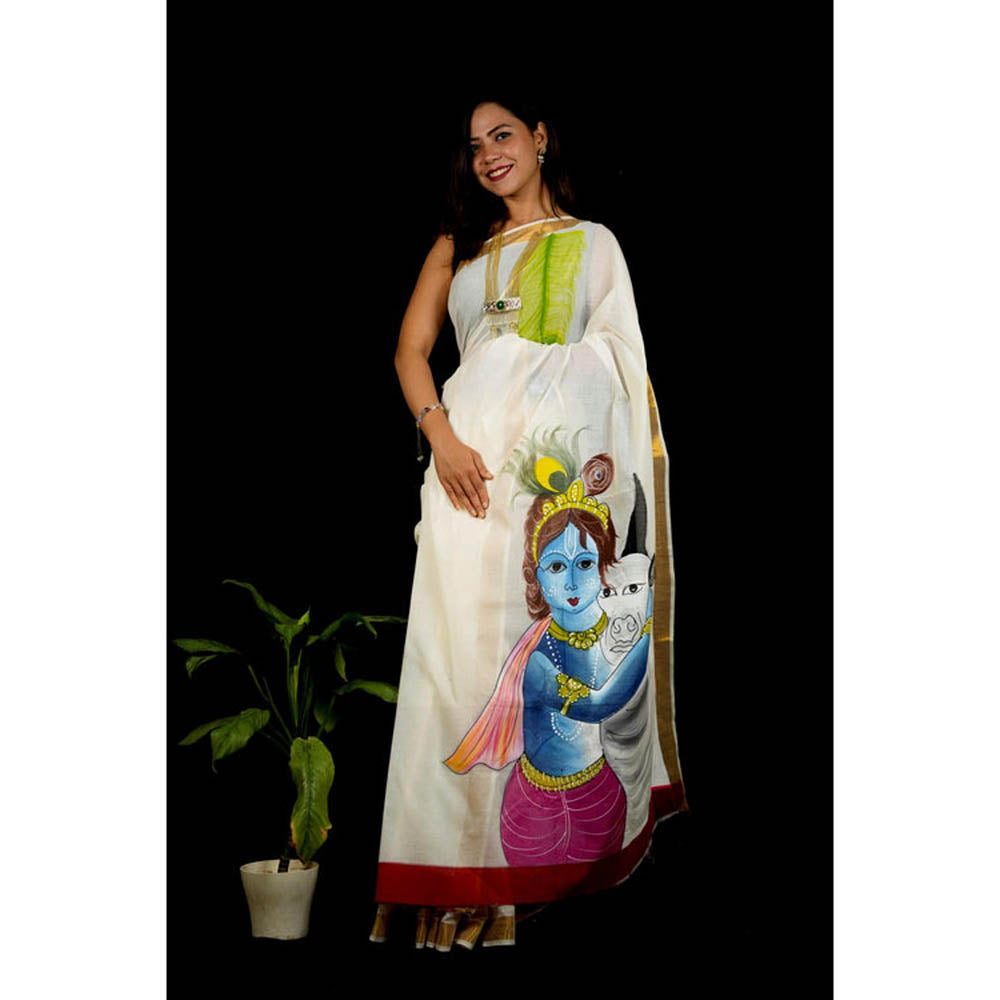 Isadora Life Womens Zari Printed White Pre-Draped Saree With Unstitched Blouse