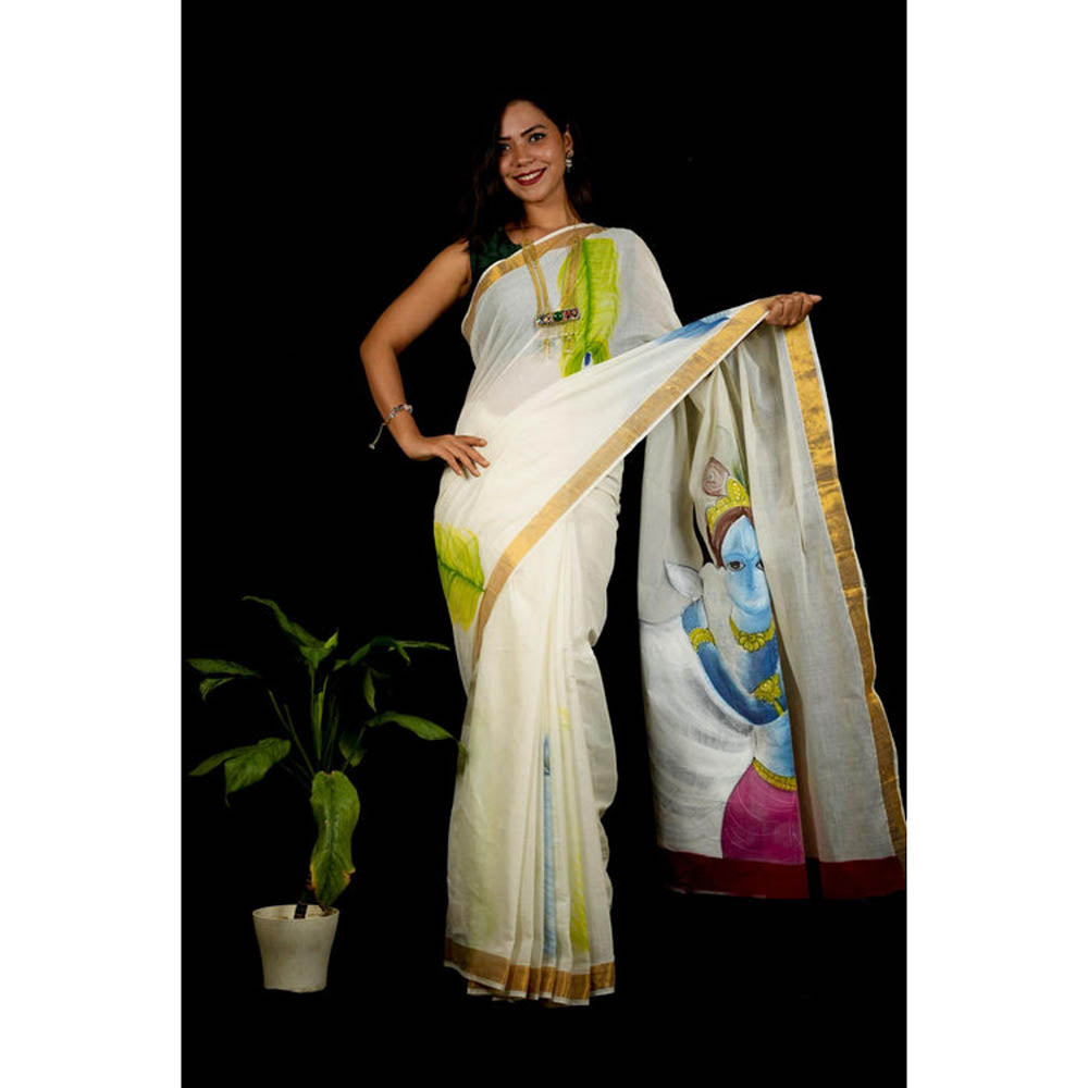 Isadora Life Womens Zari Printed White Pre-Draped Saree With Unstitched Blouse