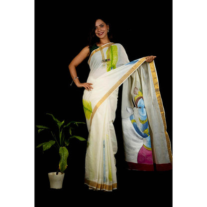 Isadora Life Womens Zari Printed White Pre-Draped Saree With Unstitched Blouse