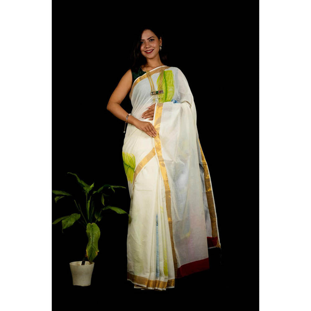 Isadora Life Womens Zari Printed White Pre-Draped Saree With Unstitched Blouse