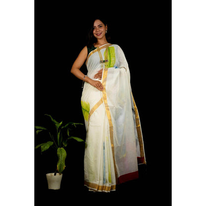 Isadora Life Womens Zari Printed White Pre-Draped Saree With Unstitched Blouse