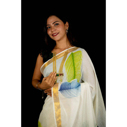 Isadora Life Womens Zari Printed White Pre-Draped Saree With Unstitched Blouse