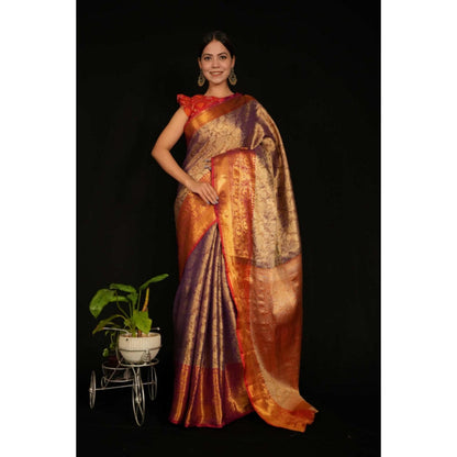 Isadora Life Womens Floral Zari Gold Pre-Draped Saree With Unstitched Blouse