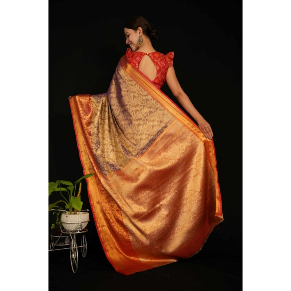 Isadora Life Womens Floral Zari Gold Pre-Draped Saree With Unstitched Blouse