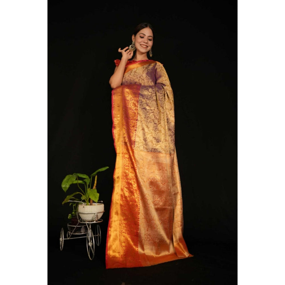 Isadora Life Womens Floral Zari Gold Pre-Draped Saree With Unstitched Blouse