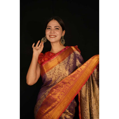 Isadora Life Womens Floral Zari Gold Pre-Draped Saree With Unstitched Blouse