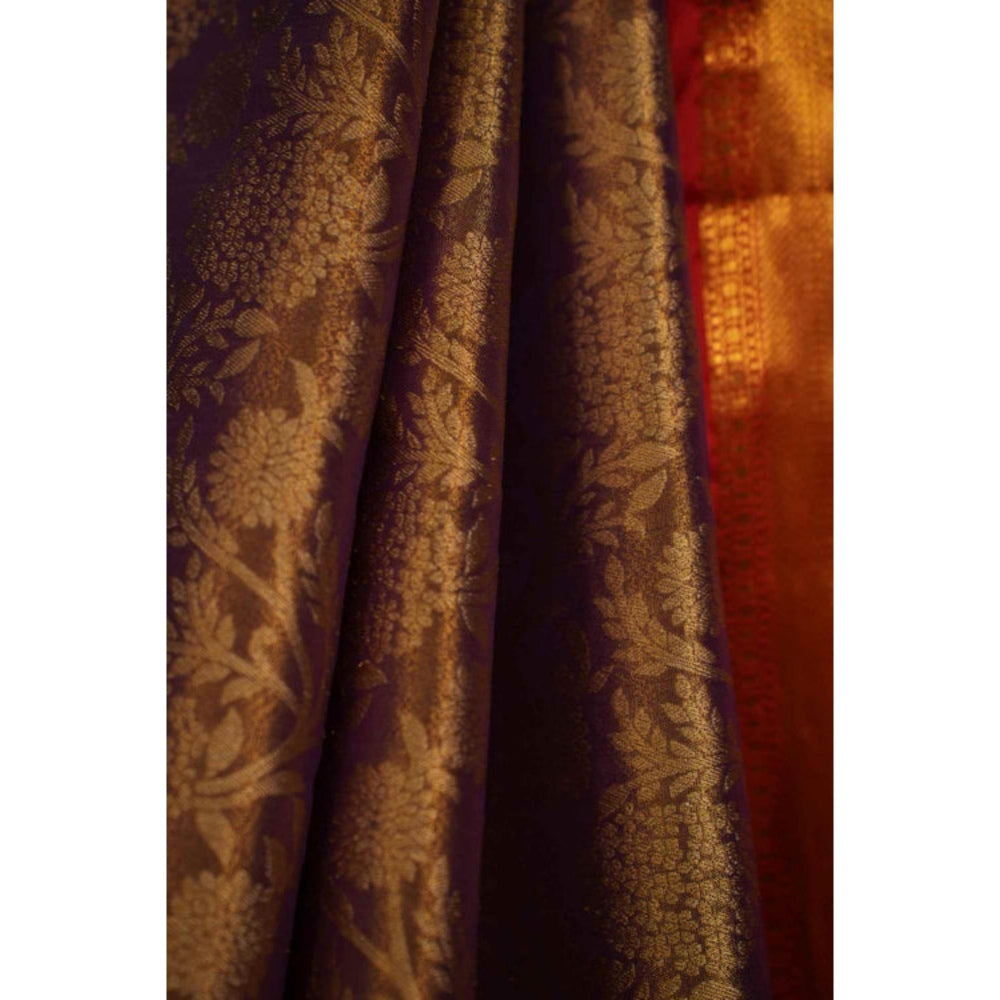 Isadora Life Womens Floral Zari Gold Pre-Draped Saree With Unstitched Blouse