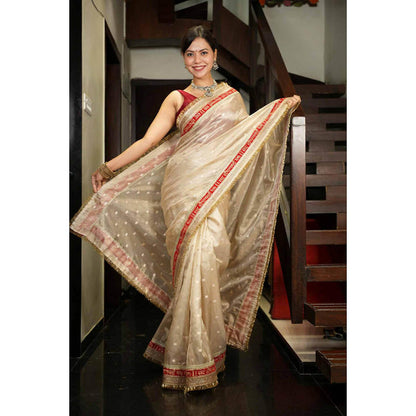 Isadora Life Womens Woven Zari Beige Pre-Draped Saree With Unstitched Blouse
