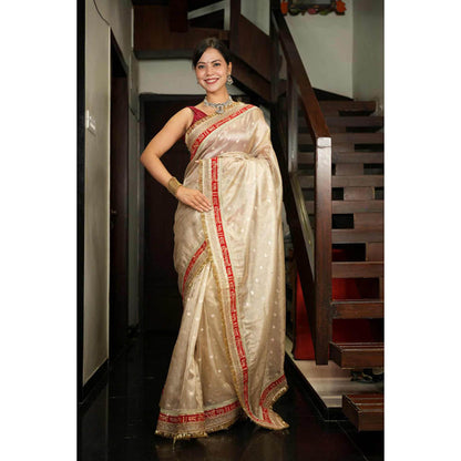 Isadora Life Womens Woven Zari Beige Pre-Draped Saree With Unstitched Blouse