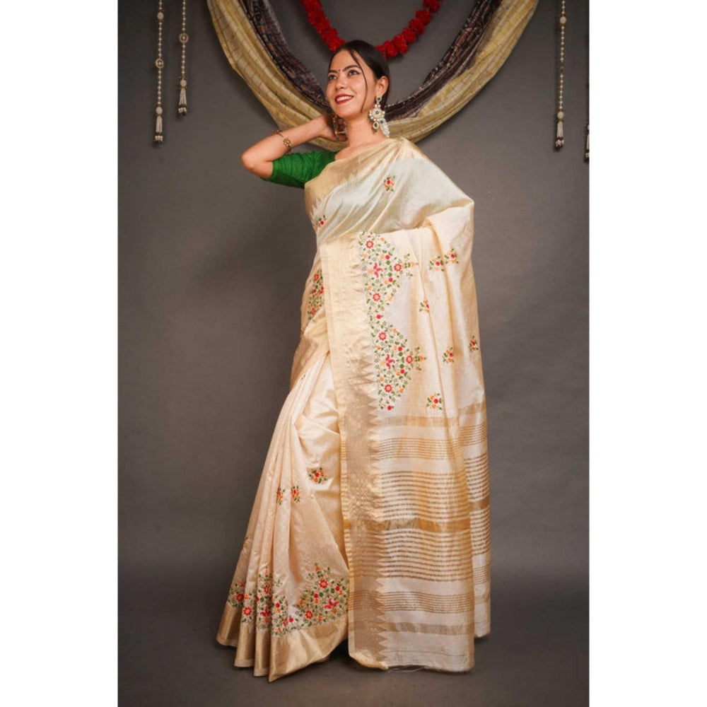 Isadora Life Womens Floral Embroidered Ivory Pre-Draped Saree With Unstitched Blouse