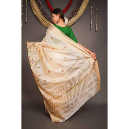 Isadora Life Womens Floral Embroidered Ivory Pre-Draped Saree With Unstitched Blouse