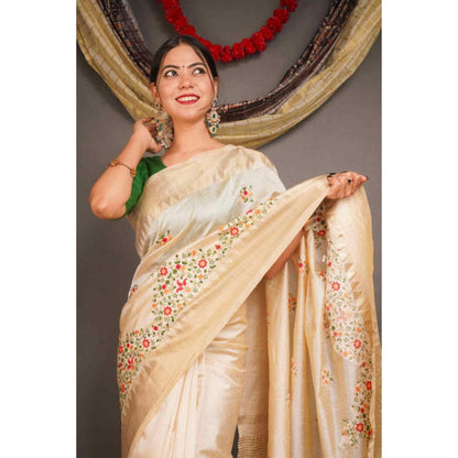 Isadora Life Womens Floral Embroidered Ivory Pre-Draped Saree With Unstitched Blouse