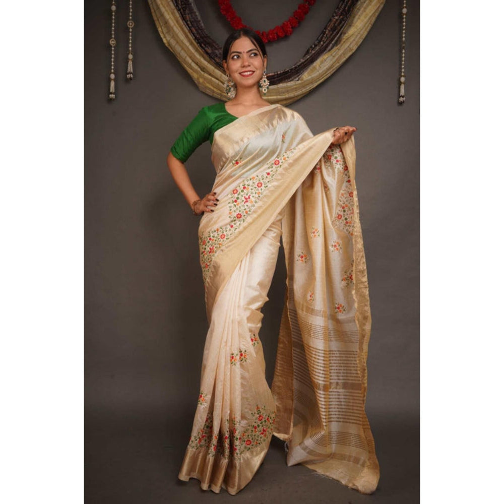 Isadora Life Womens Floral Embroidered Ivory Pre-Draped Saree With Unstitched Blouse
