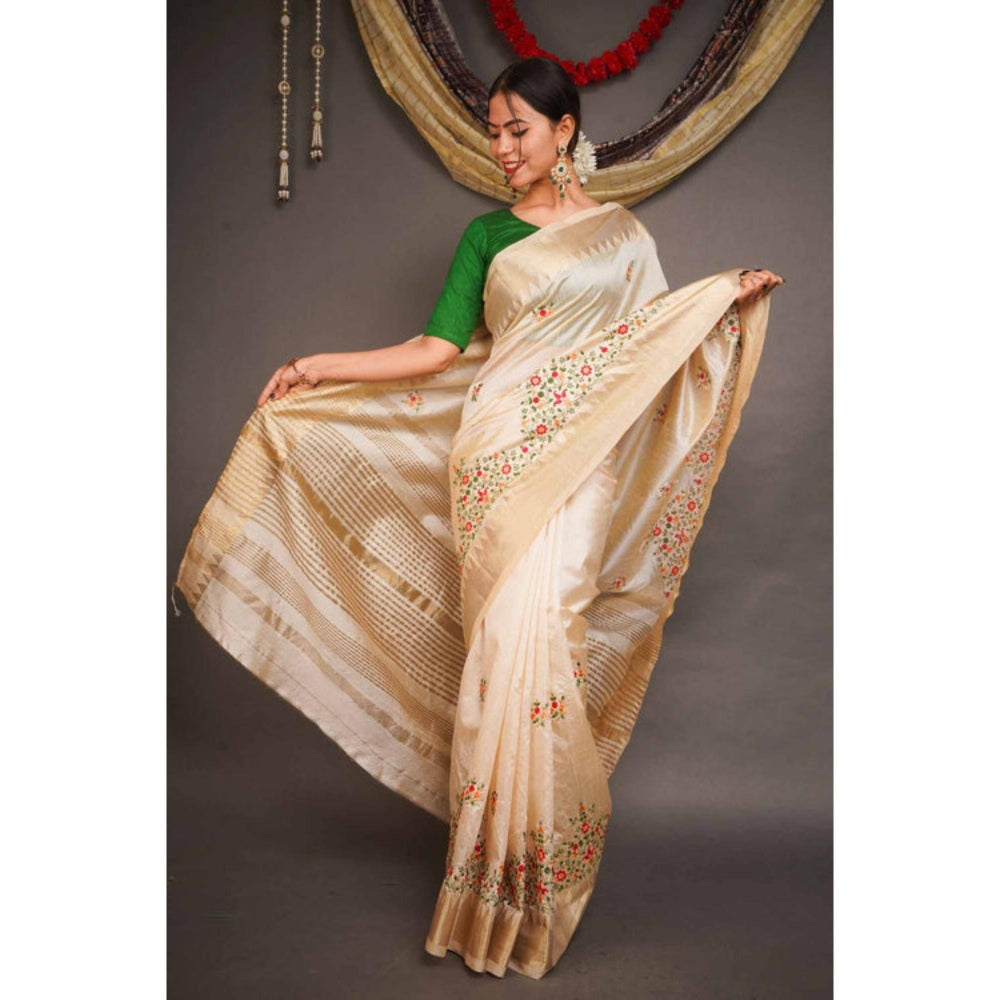 Isadora Life Womens Floral Embroidered Ivory Pre-Draped Saree With Unstitched Blouse