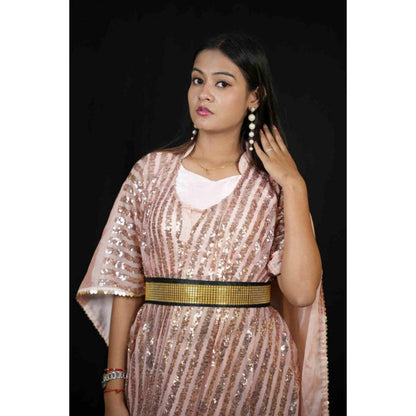 Isadora Life Womens Sequined Peach Pre-Draped Saree With Unstitched Blouse And Belt