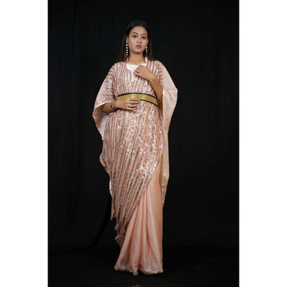 Isadora Life Womens Sequined Peach Pre-Draped Saree With Unstitched Blouse And Belt