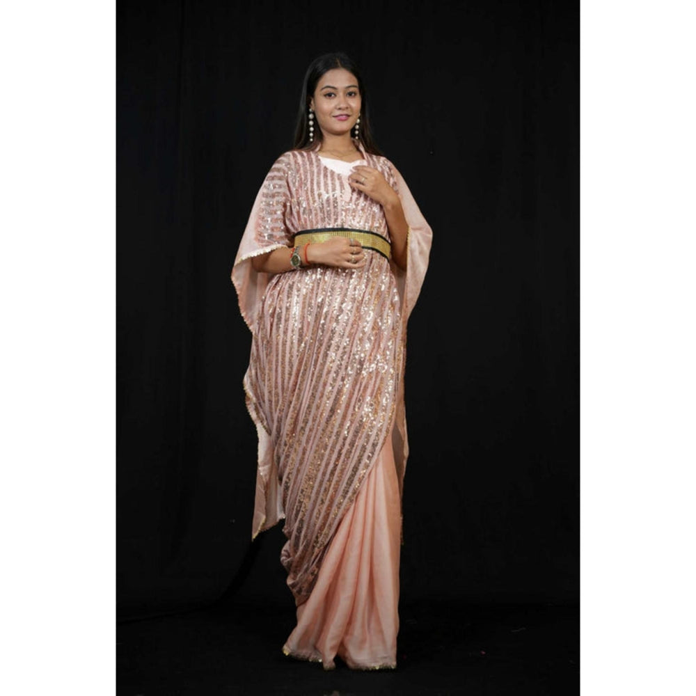 Isadora Life Womens Sequined Peach Pre-Draped Saree With Unstitched Blouse And Belt