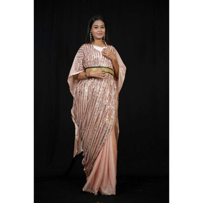 Isadora Life Womens Sequined Peach Pre-Draped Saree With Unstitched Blouse And Belt