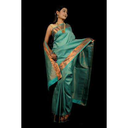 Isadora Life Womens Woven Zari Blue Pre-Draped Saree With Unstitched Blouse