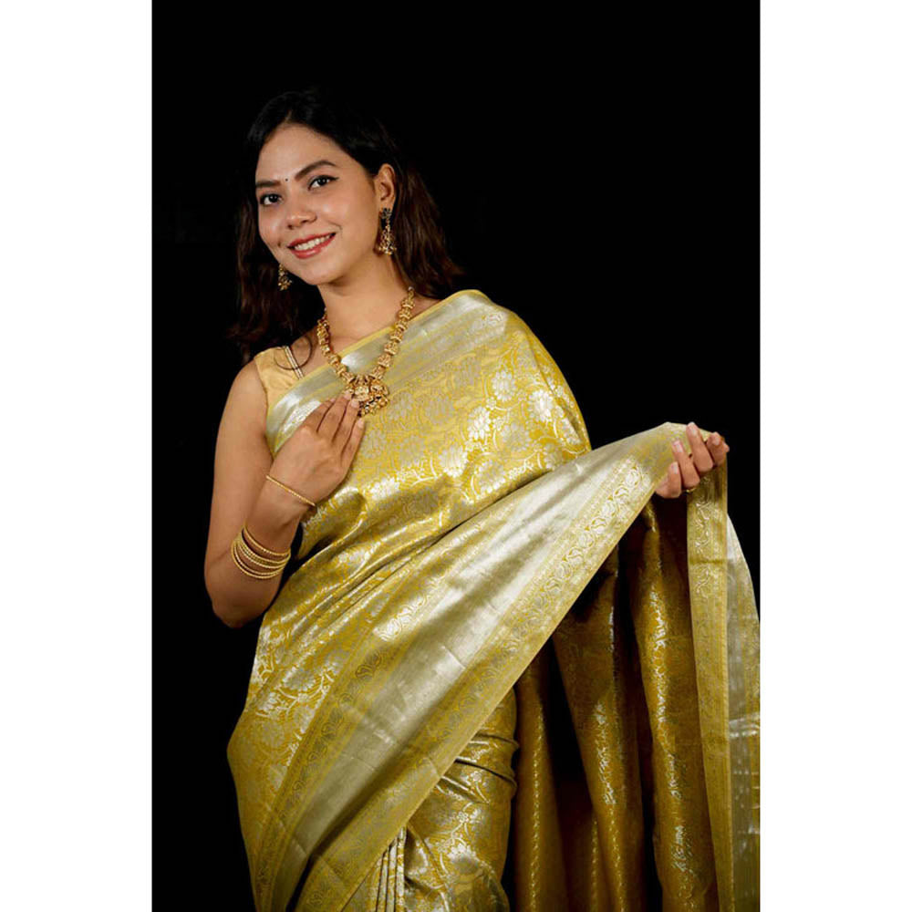 Isadora Life Womens Woven Zari Yellow Pre-Draped Saree With Unstitched Blouse