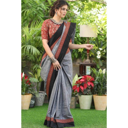 Isadora Life Womens Printed Grey Pre-Draped Saree With Unstitched Blouse