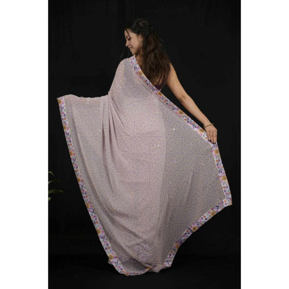 Isadora Life Womens Bandhani Printed Grey Pre-Draped Saree With Unstitched Blouse