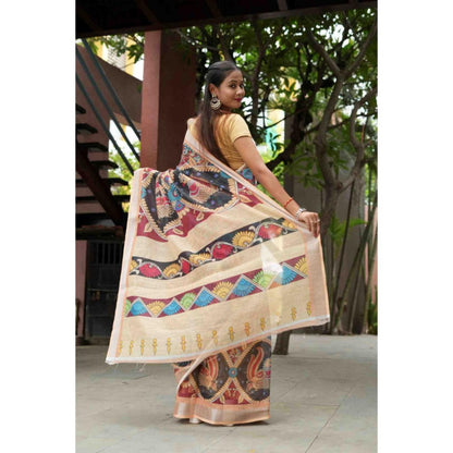 Isadora Life Womens Printed Multi-Color Pre-Draped Saree With Unstitched Blouse