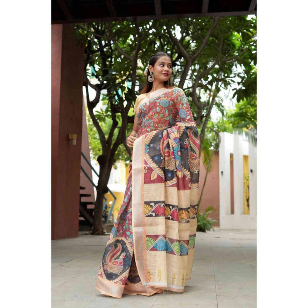 Isadora Life Womens Printed Multi-Color Pre-Draped Saree With Unstitched Blouse