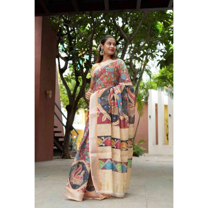 Isadora Life Womens Printed Multi-Color Pre-Draped Saree With Unstitched Blouse