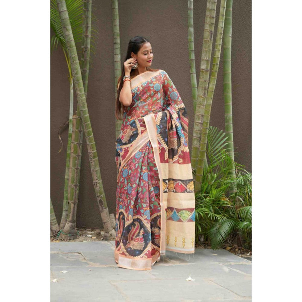 Isadora Life Womens Printed Multi-Color Pre-Draped Saree With Unstitched Blouse