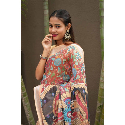 Isadora Life Womens Printed Multi-Color Pre-Draped Saree With Unstitched Blouse