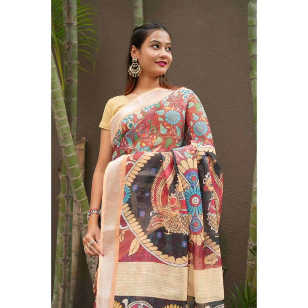 Isadora Life Womens Printed Multi-Color Pre-Draped Saree With Unstitched Blouse