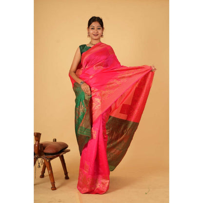 Isadora Life Womens Woven Zari Pink Pre-Draped Saree With Unstitched Blouse