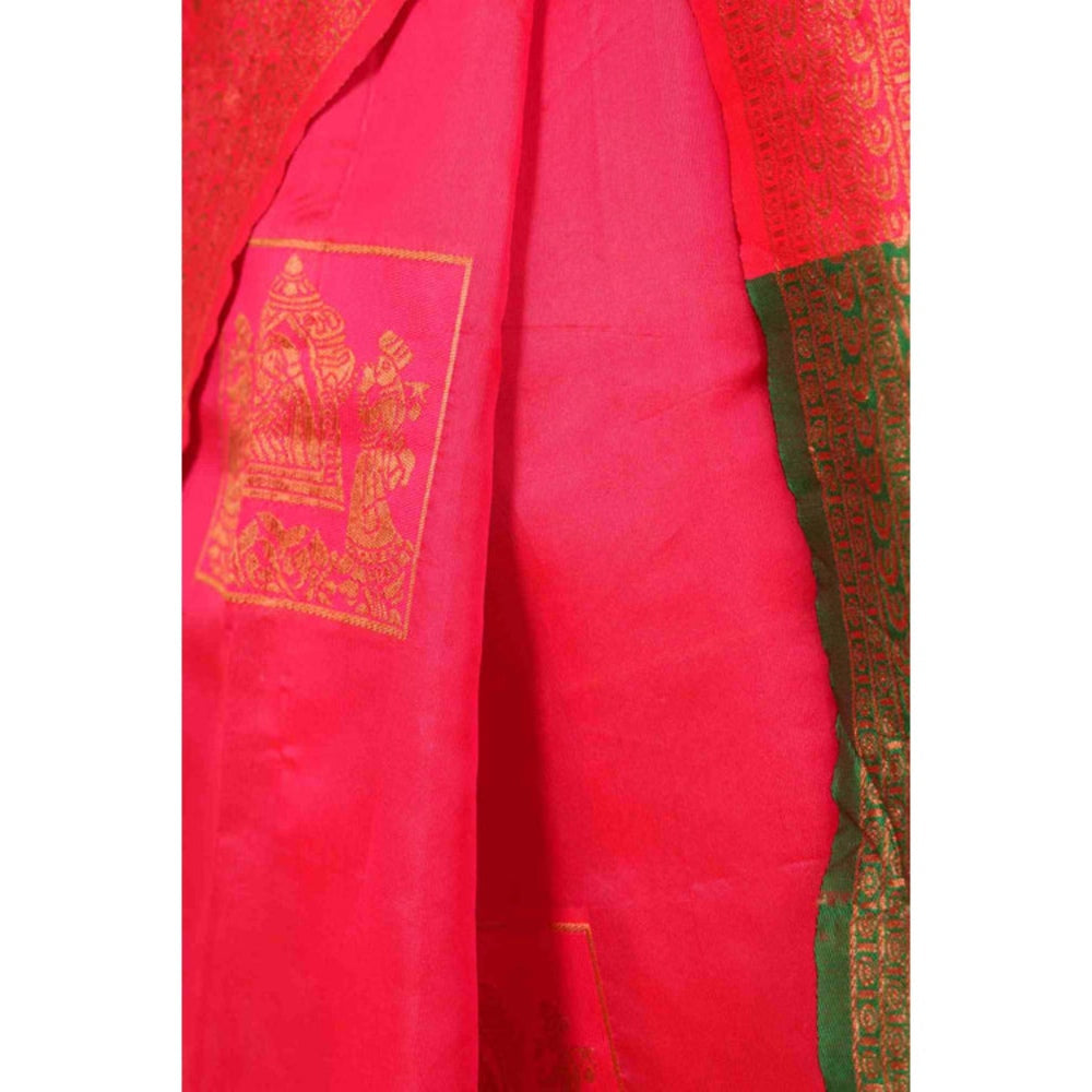 Isadora Life Womens Woven Zari Pink Pre-Draped Saree With Unstitched Blouse